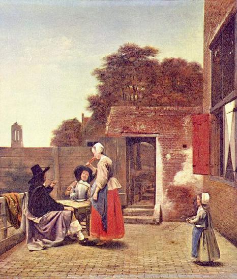 Pieter de Hooch Hof mit zwei Offizieren und trinkender Frau